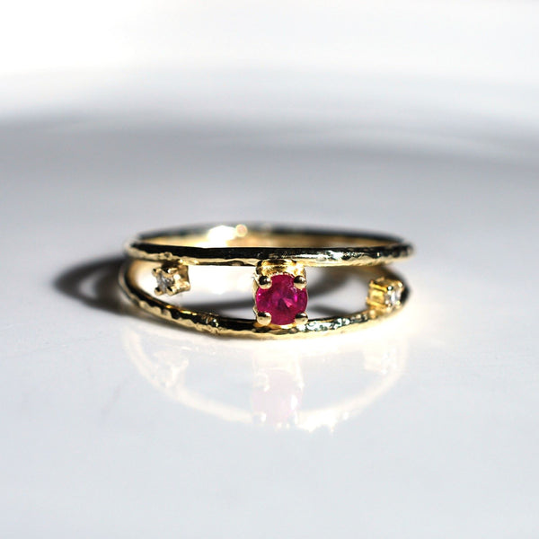 Double band hammered ruby and diamond ring