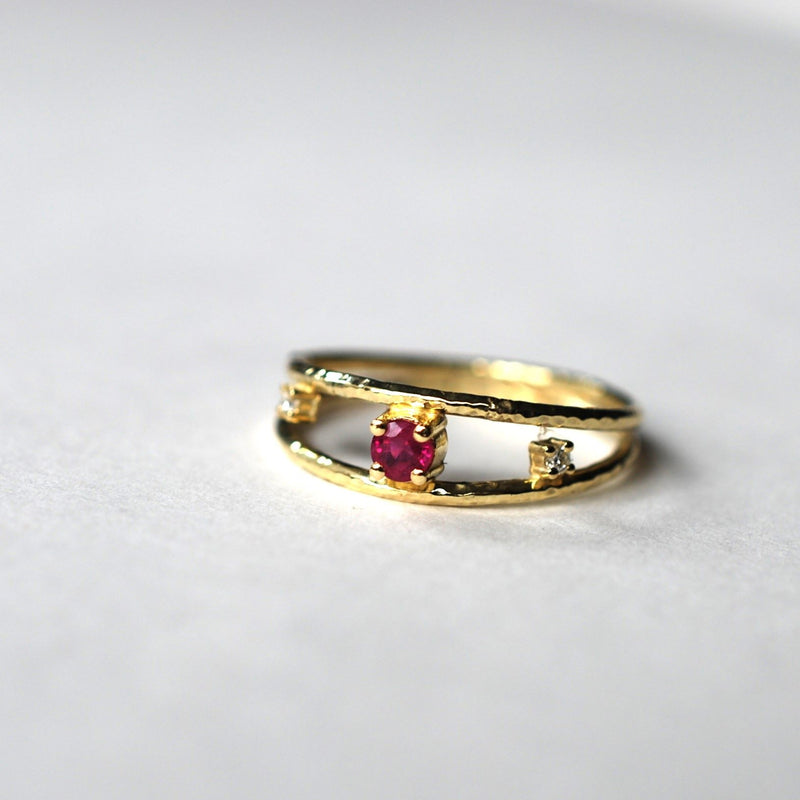 Double band hammered ruby and diamond ring